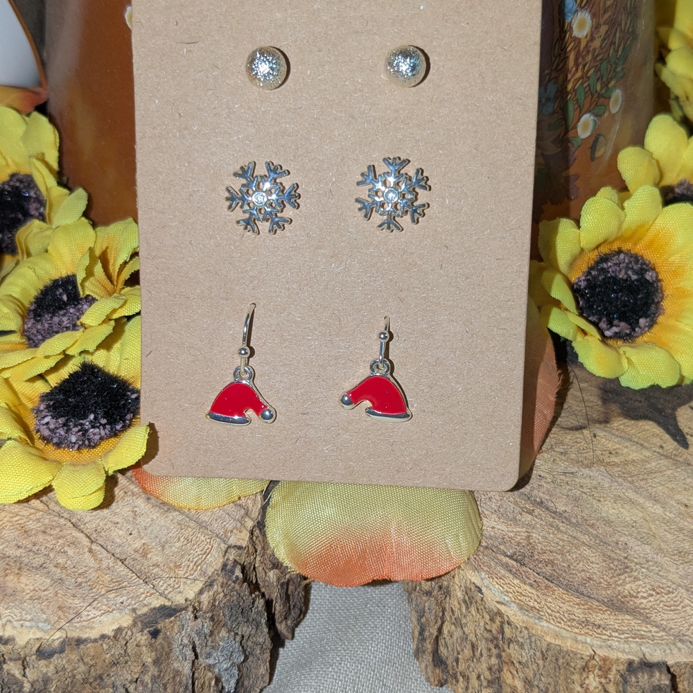 Festive Snowflake and Santa Hat Earrings Set